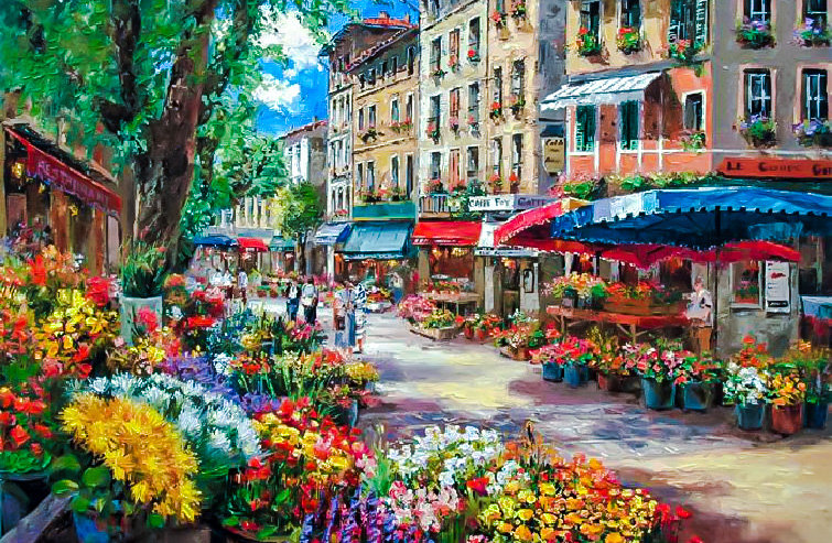 Paris Flower Market. - sung sam park paintings. scenarys.people.flowers and gardens. - оригинал