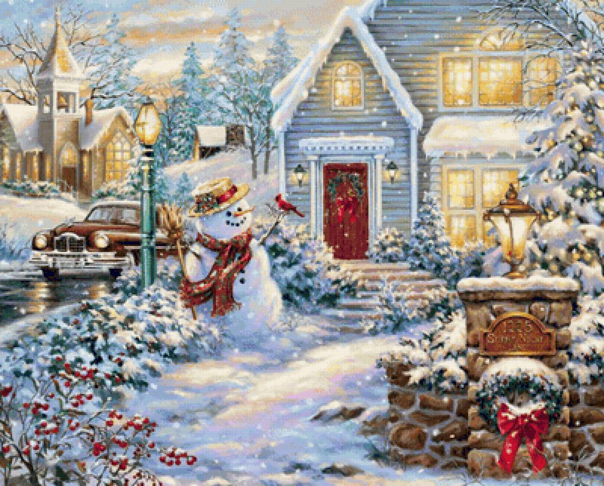 зимний вечер - дом, новый год, праздник, машина, зима, снеговик - предпросмотр