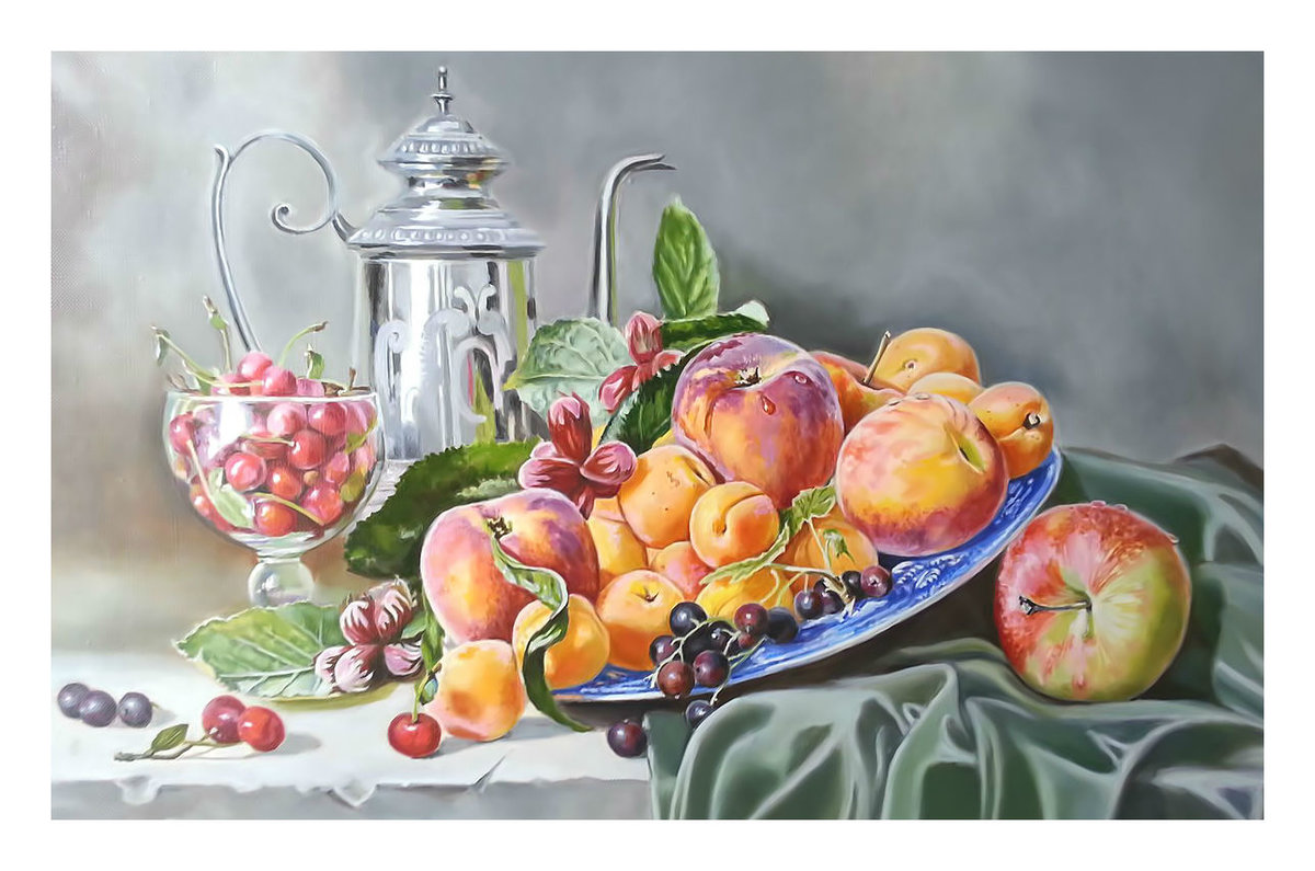 Натюрморт с абрикосами. - фрукты, натюрморт, абрикосы, виноград, яблоки - оригинал
