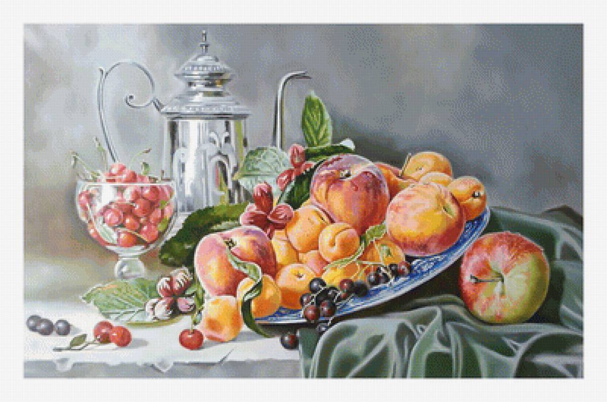 Натюрморт с абрикосами. - фрукты, виноград, абрикосы, яблоки, натюрморт - предпросмотр