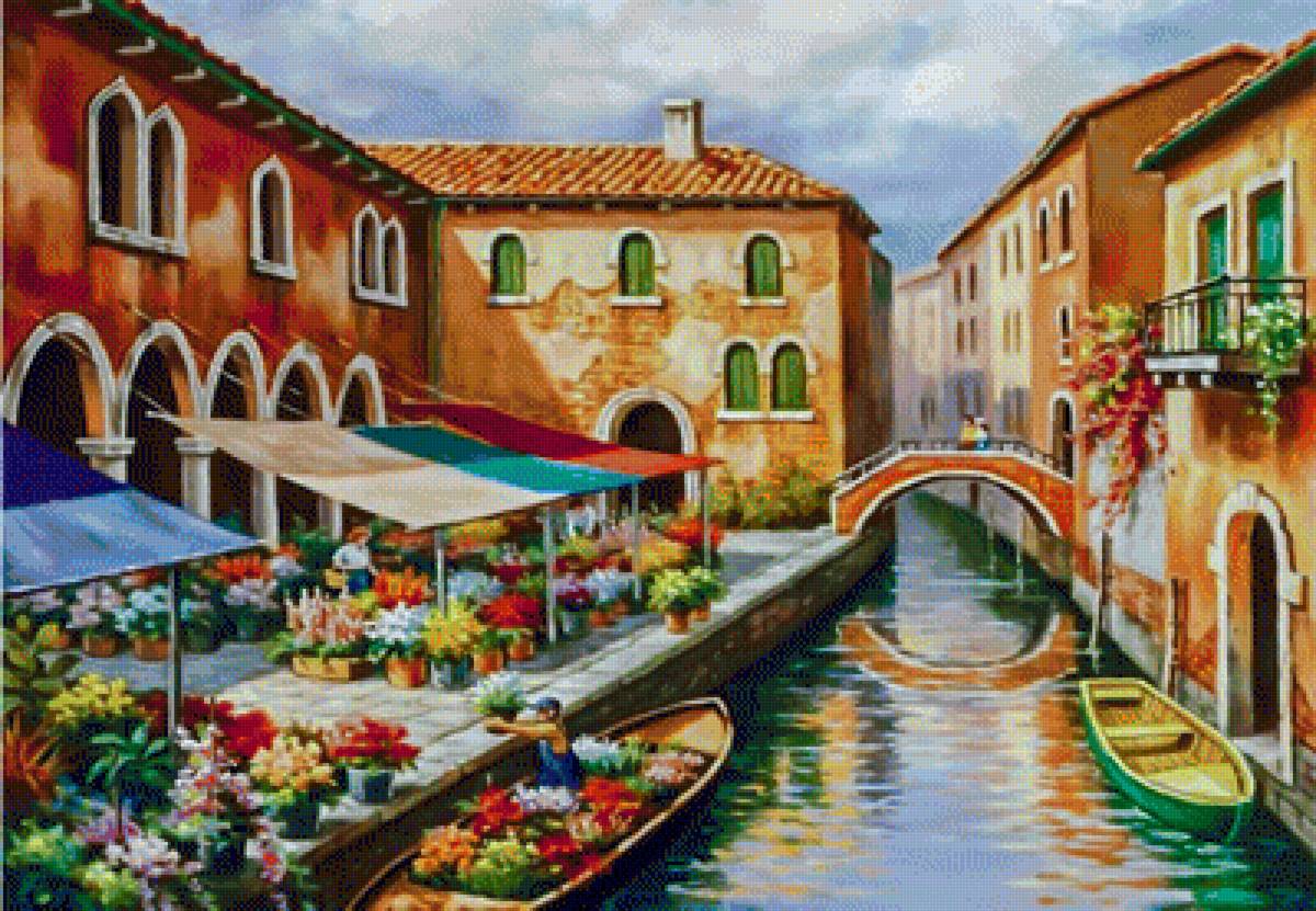 Flower Market on the Canal. - sung kim art.cityscape.people.flowers and gardens. - предпросмотр