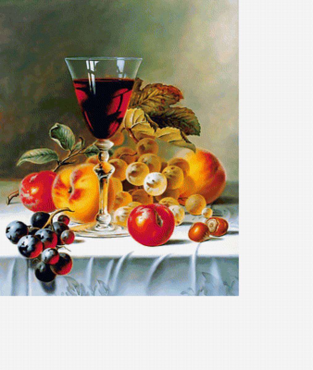 Натюрморт. - персики, фрукты, натюрморт, бокал, виноград - предпросмотр