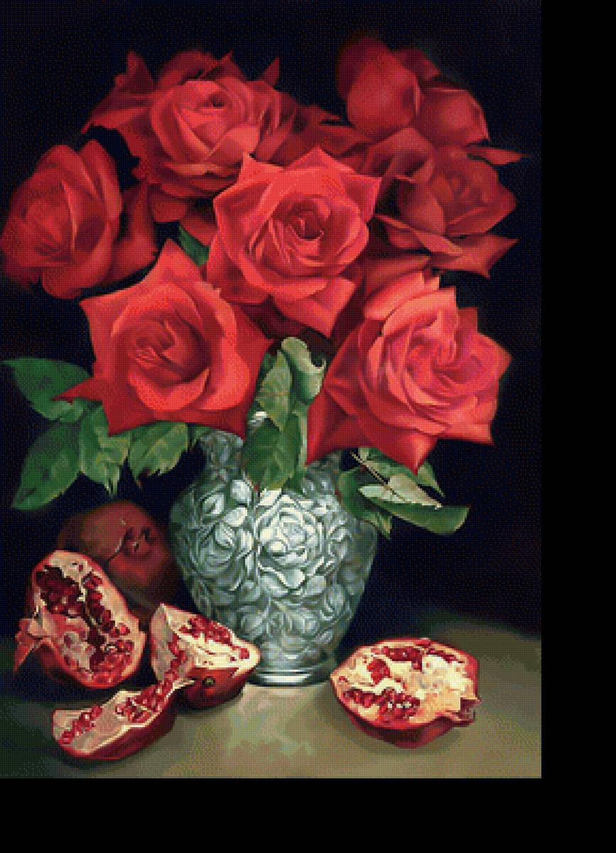 Красные розы и гранат. - гранат, живопись, натюрморт, букет, розы, цветы - предпросмотр