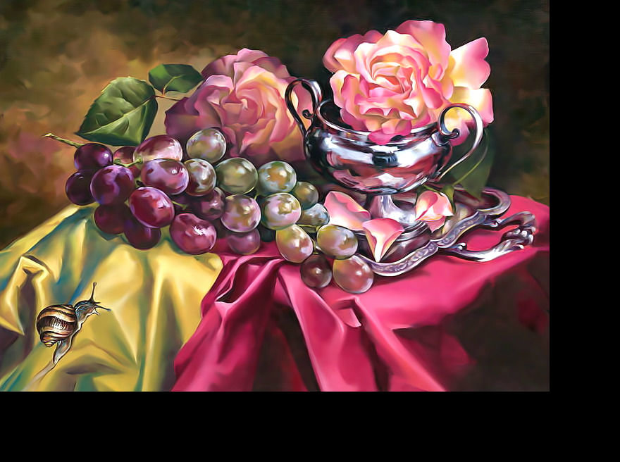 Розы и виноград. - улитка, живопись, натюрморт, розы, цветы - оригинал