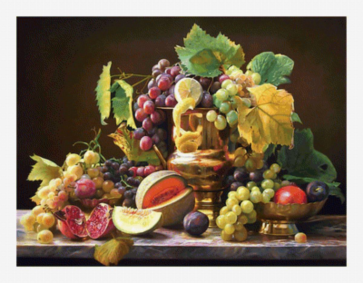 Фруктовый натюрморт. - натюрморт, арбуз, ягоды, виноград, гранат, фрукты - предпросмотр
