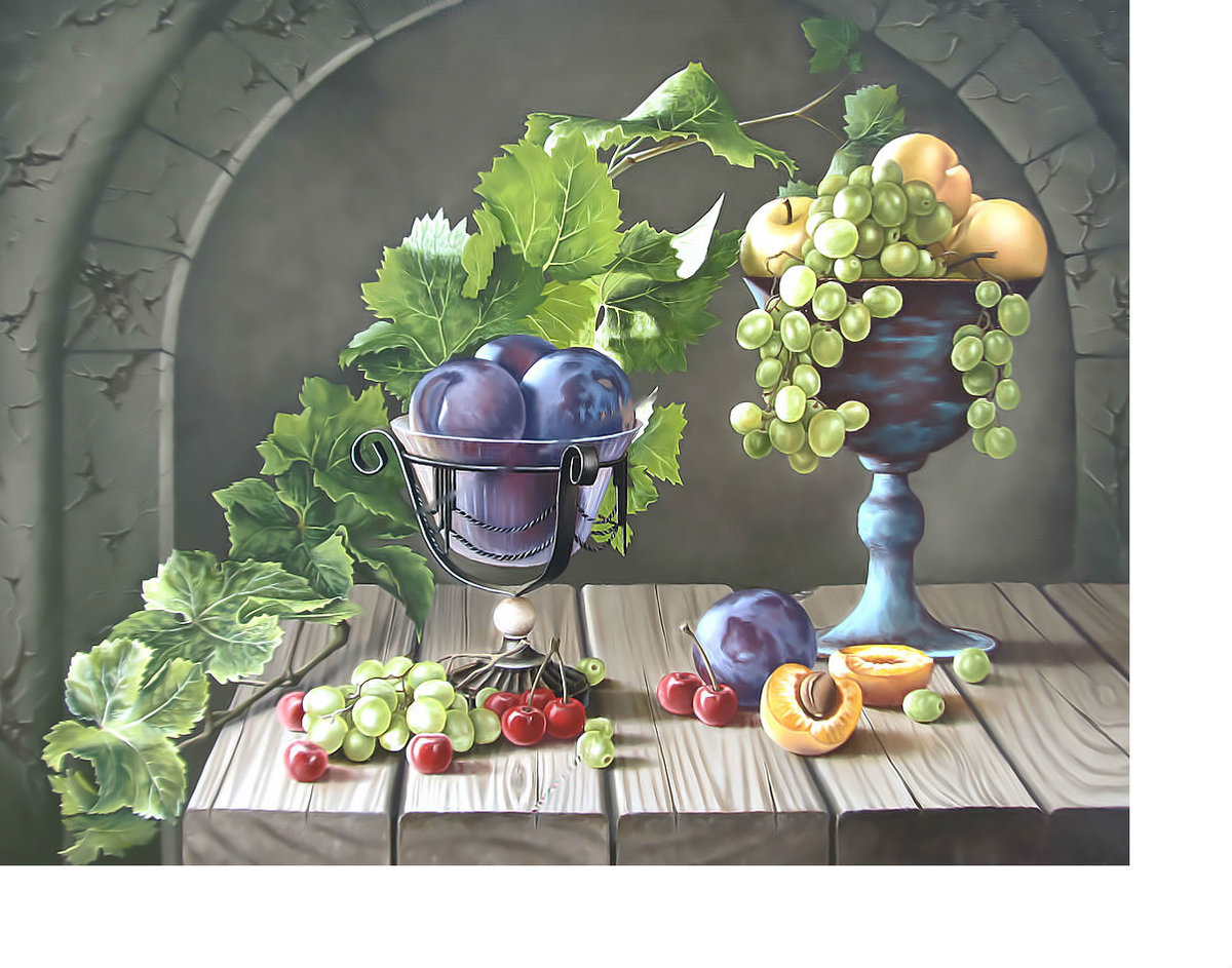 Натюрморт с виноградом. - ягоды, натюрморт, фрукты, виноград, сливы - оригинал