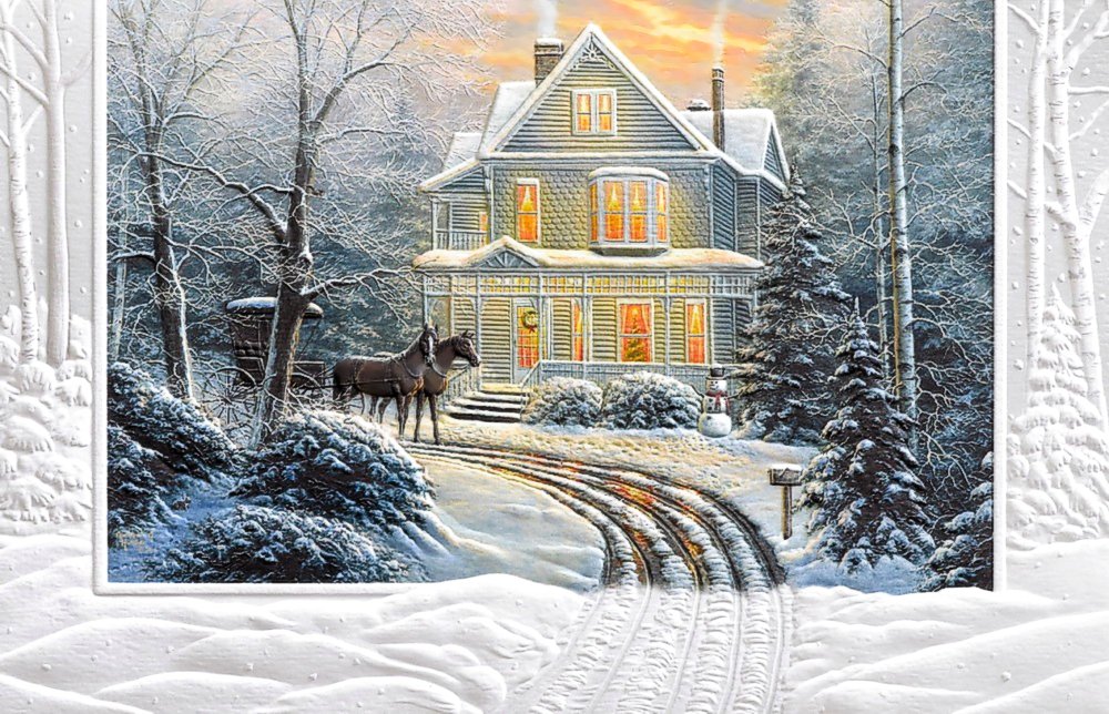 №1974492 - вечер, деревья, дом, снег. картина, зима - оригинал