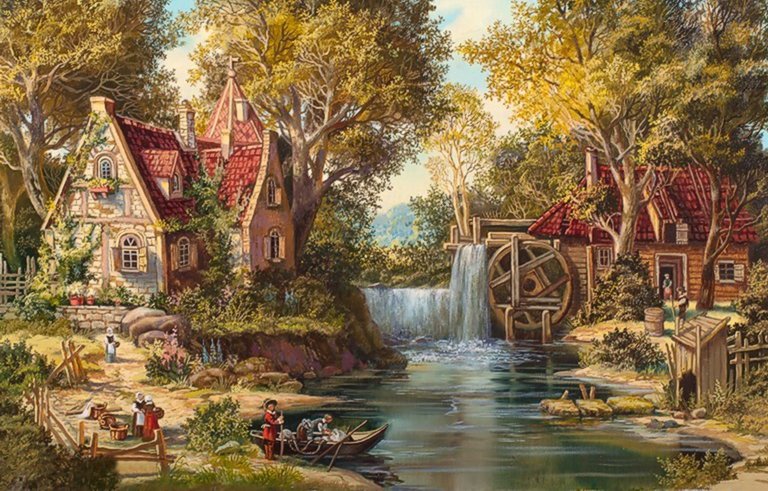 №1975342 - водяная мельница, река, деревья, домик - оригинал