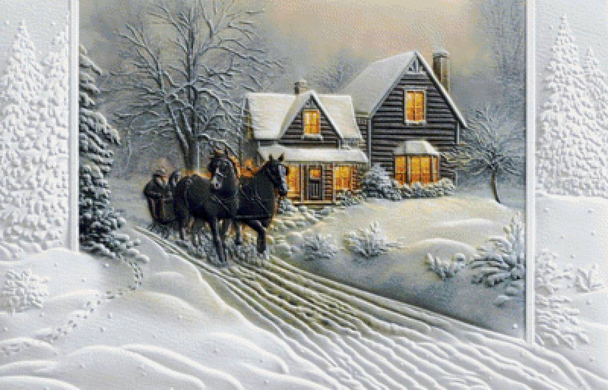 зимний вечер - дом, деревья, вечер, пейзаж, зима, лошади - предпросмотр