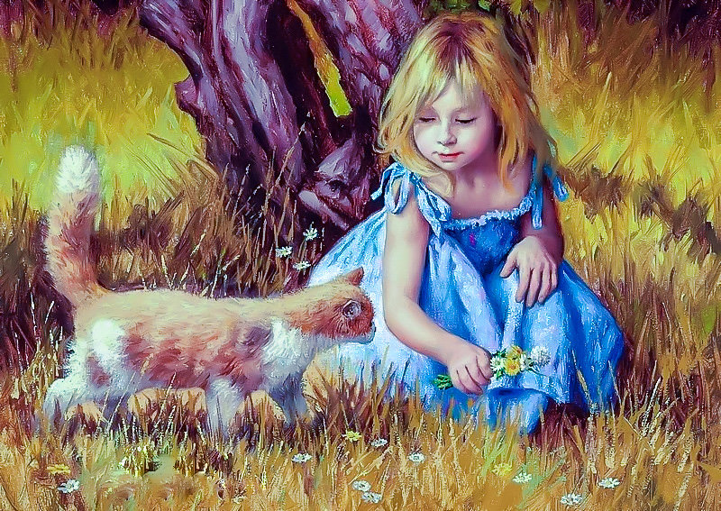 In the Center of Attention. - jim daly paintings.children.animals. - оригинал