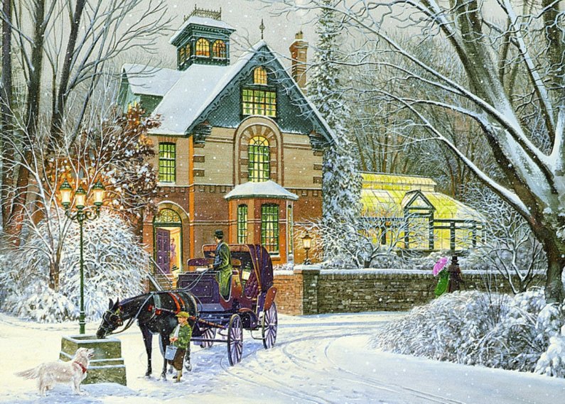 зимний вечер - зима, деревья, дом, снег, вечер, лошади - оригинал