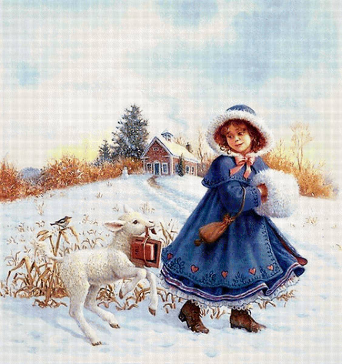 девочка и козленок - природа, друзья, зима, дети, забавно - предпросмотр