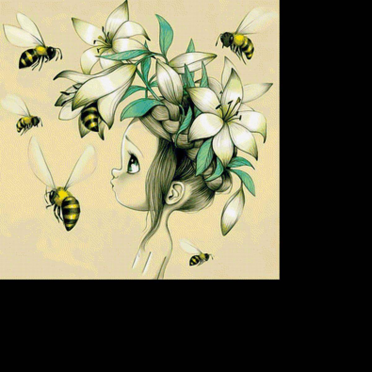 Девочка с пчёлами. - девочка, пчелы, цветы - предпросмотр