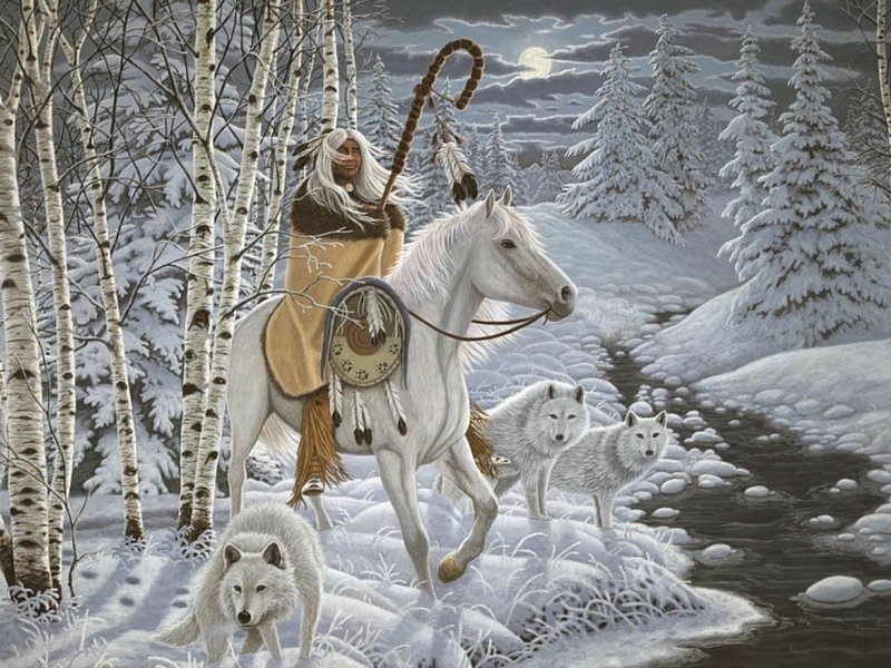 Шаман - лес, лошадь, ручей, волки, зима, всадник - оригинал