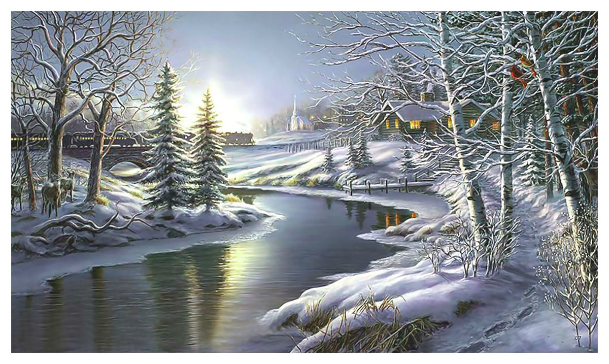 Зимняя река. - пейзаж, березы, снег, олени, дома, река, зима, вечер - оригинал