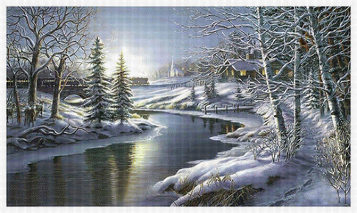 Зимняя река. - березы, зима, река, пейзаж, дома, вечер, олени, снег - предпросмотр
