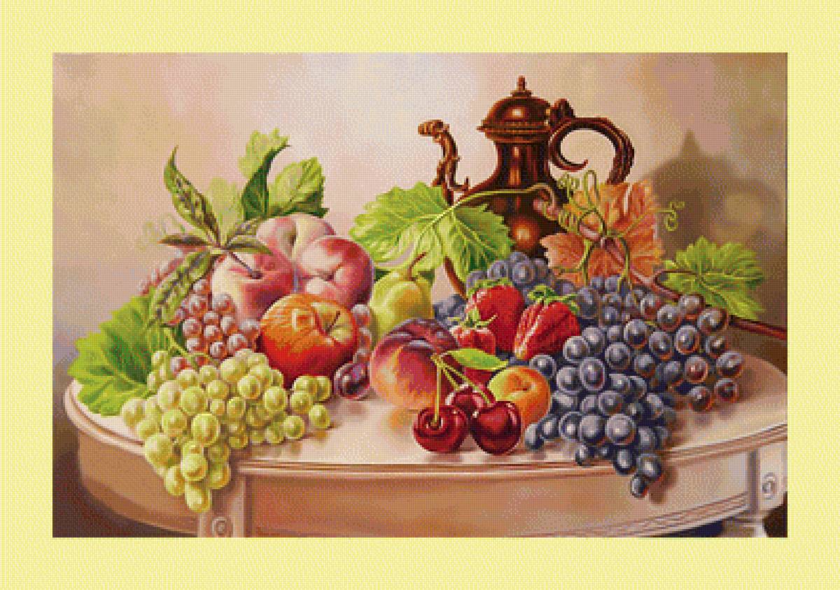 Натюрморт. - фрукты, персики, ягоды, виноград, живопись, натюрморт, яблоки - предпросмотр