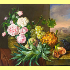 Натюрморт с розами и ананасом.