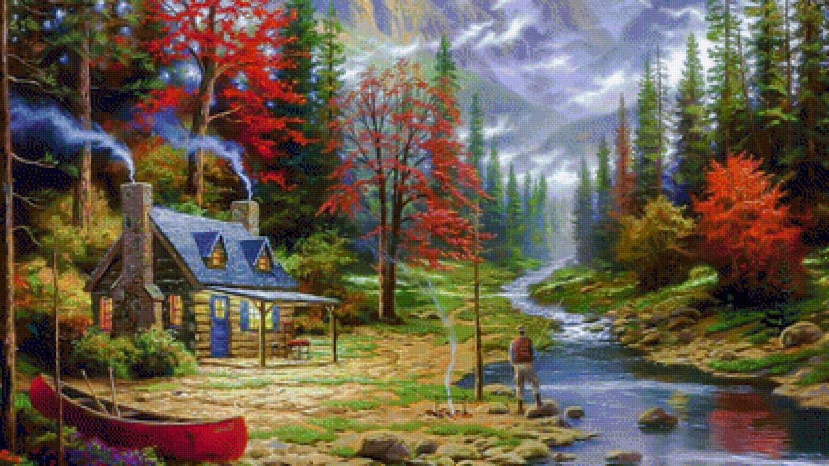 Fishing in the Mountains with a Cabin ans a Canoe. - thomas kinkade paintings.landscape.scenary.people. - предпросмотр