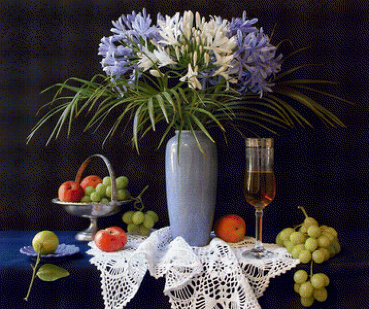 №1984630 - цветы, бокал вина, ваза, виноград, фрукты - предпросмотр
