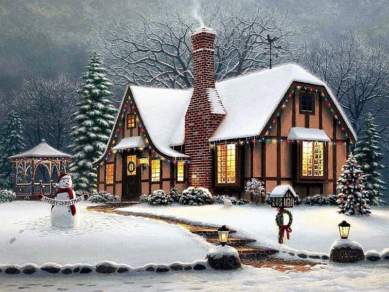 зимний вечер - вечер, деревья, елки, зима, дом, снеговик - оригинал