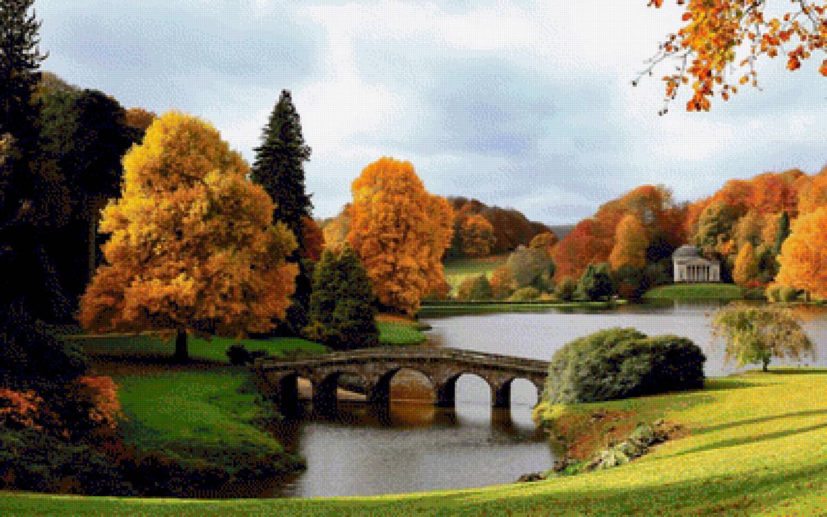 №1986315 - пруд, дерево, вода, природа, мостик, желтые листья, осень - предпросмотр