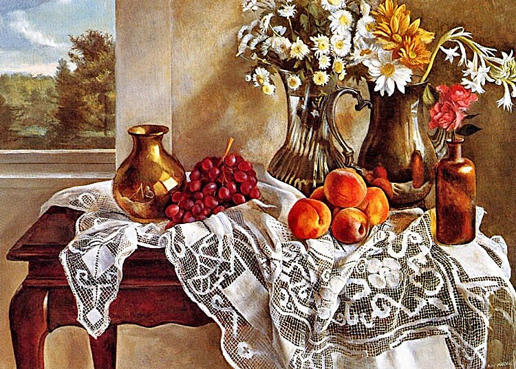 Натюрморт - цветы, персики, виноград, кувшин - оригинал