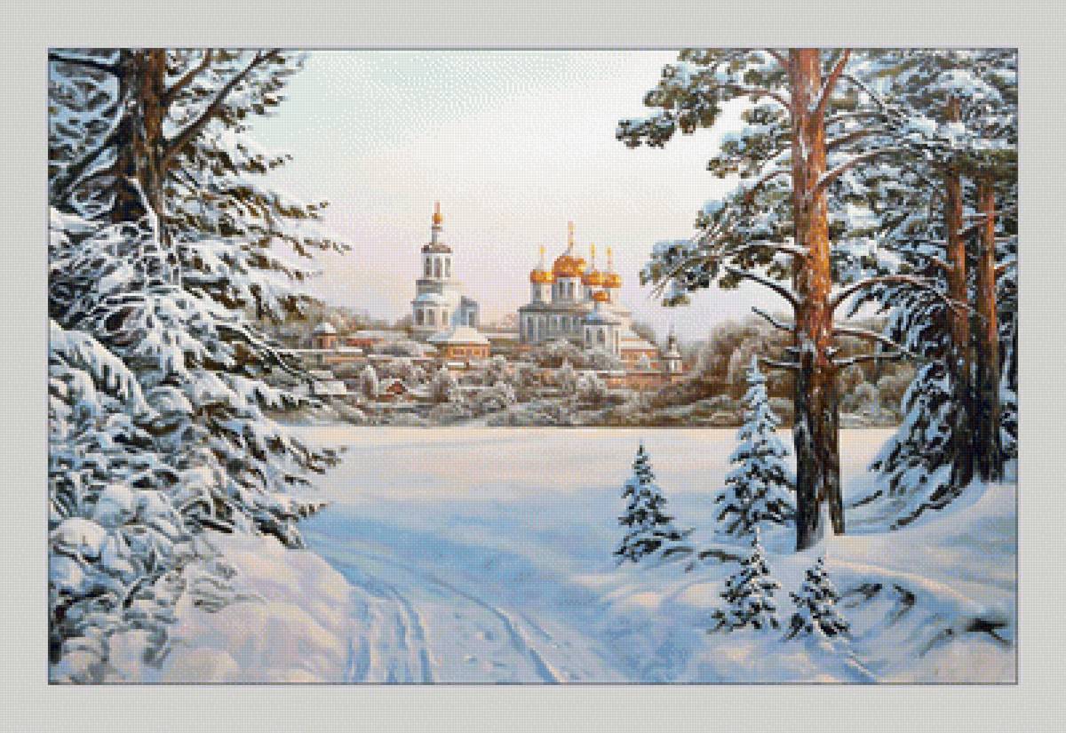 Зимний пейзаж. - зима, деревья, церковь, пейзаж, снег, лес, живопись, храм - предпросмотр