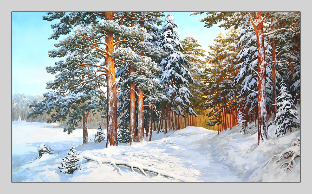 Зимний лес. - природа, снег, живопись, лес, пейзаж, зима, сосны - оригинал