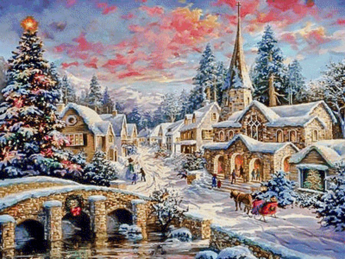 Snowy Village. - thomas kinkade paintings.snowscapes.christmas.people.animals. - предпросмотр