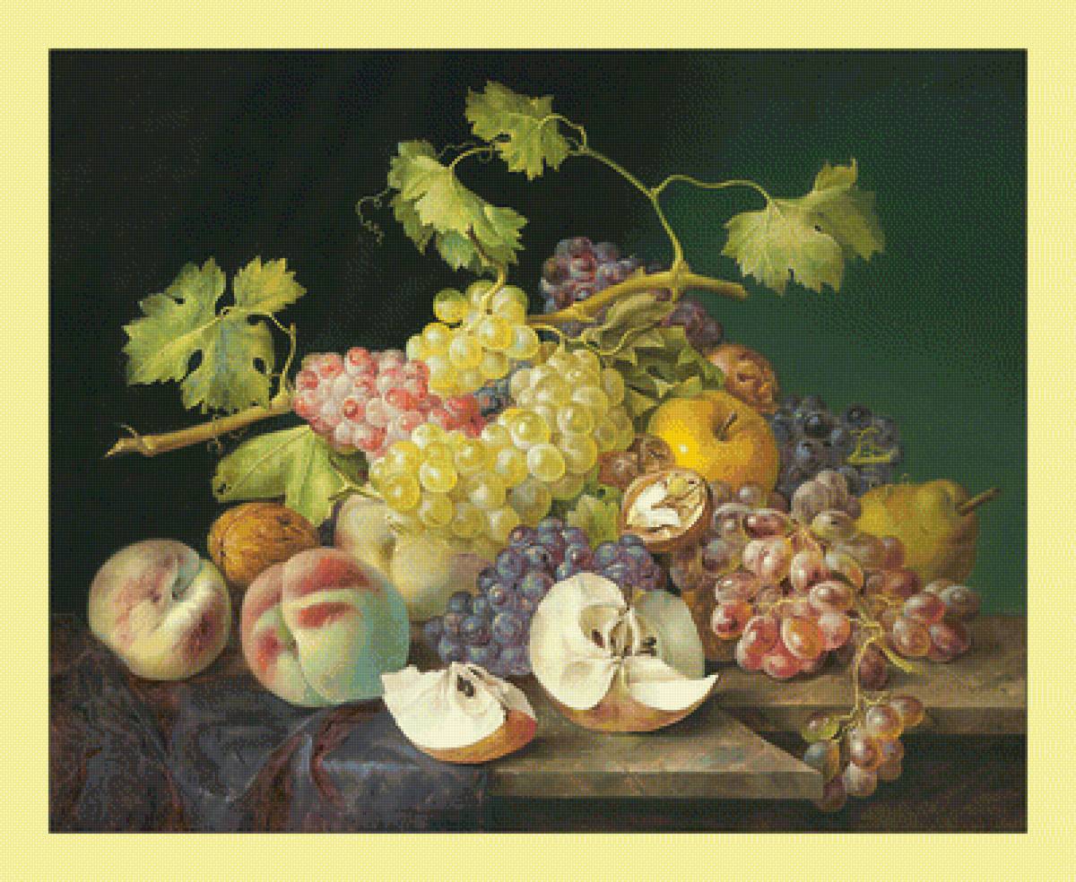 Фруктовый натюрморт. - фрукты, натюрморт, виноград, яблоки, живопись - предпросмотр