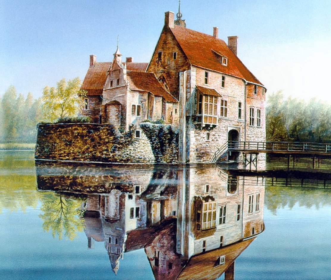 старый замок - отражение, замок, река - оригинал