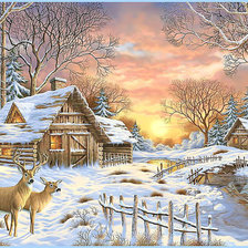 Зимний пейзаж с оленями.
