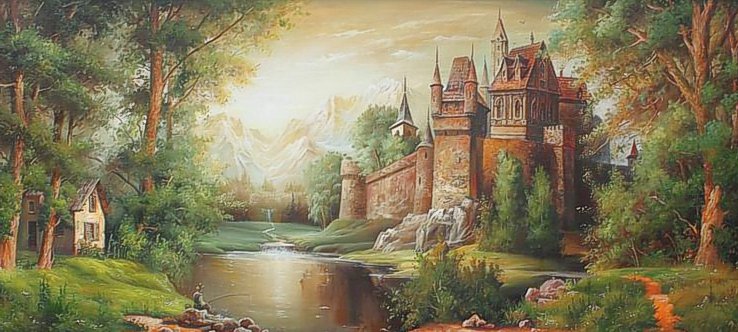 старый замок - река, горы, замок, деревья - оригинал