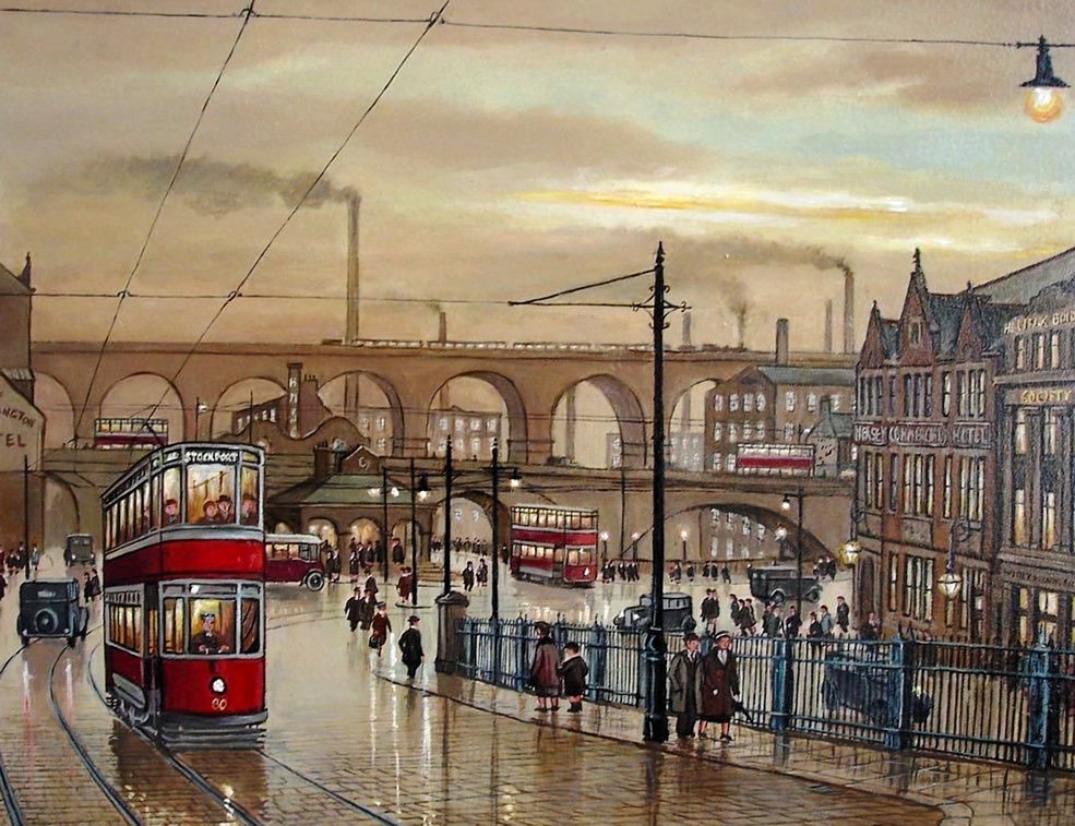 старый Лондон - старый город, трамвай, машины, городской пейзаж, улица - оригинал