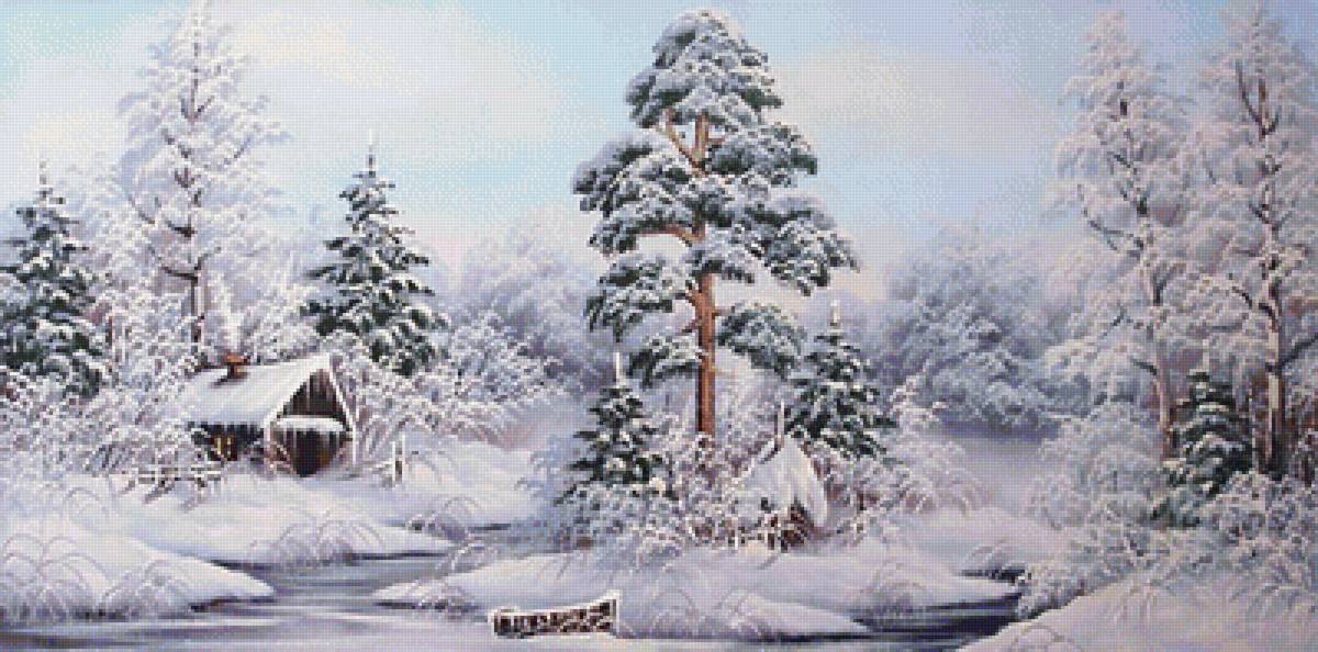 зима - пейзаж, деревья, домик, зима, снег, река - предпросмотр