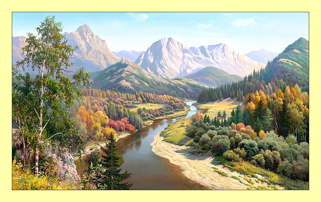 Осень в горах. - природа, пейзаж, лес, горы, река, осень, живопись - оригинал