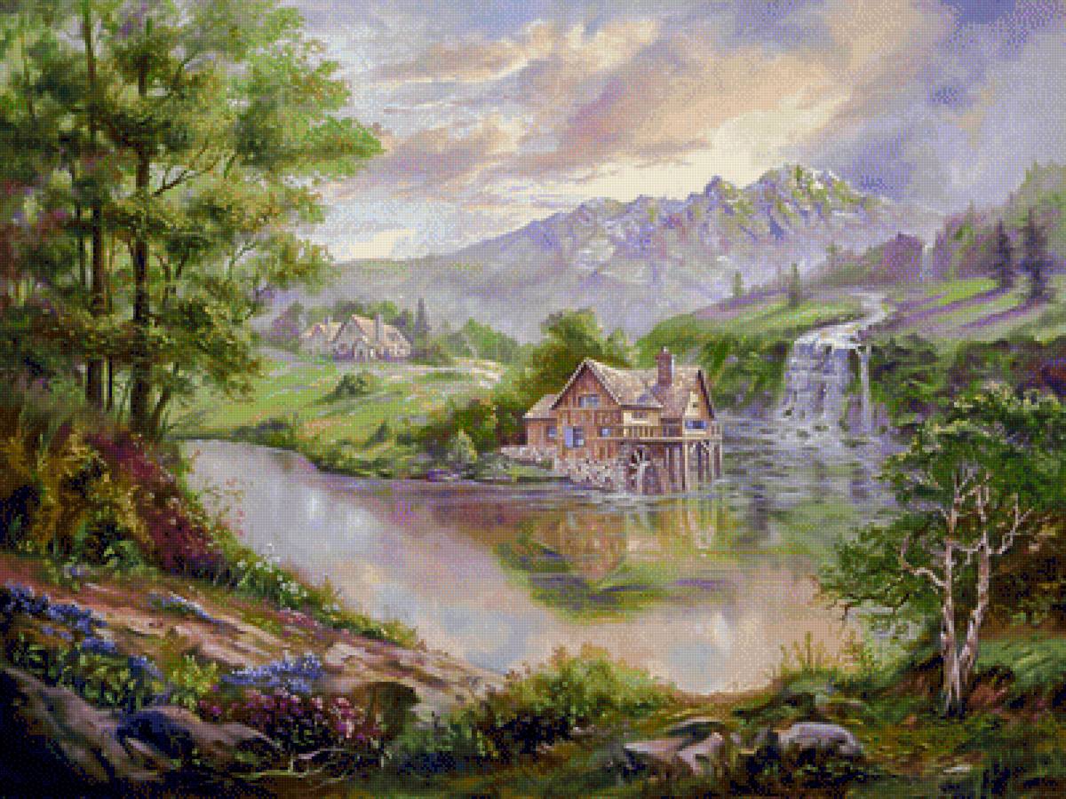 The Old Mill of the Town. - carl valente paintings. landscape.flowers and gardens. - предпросмотр