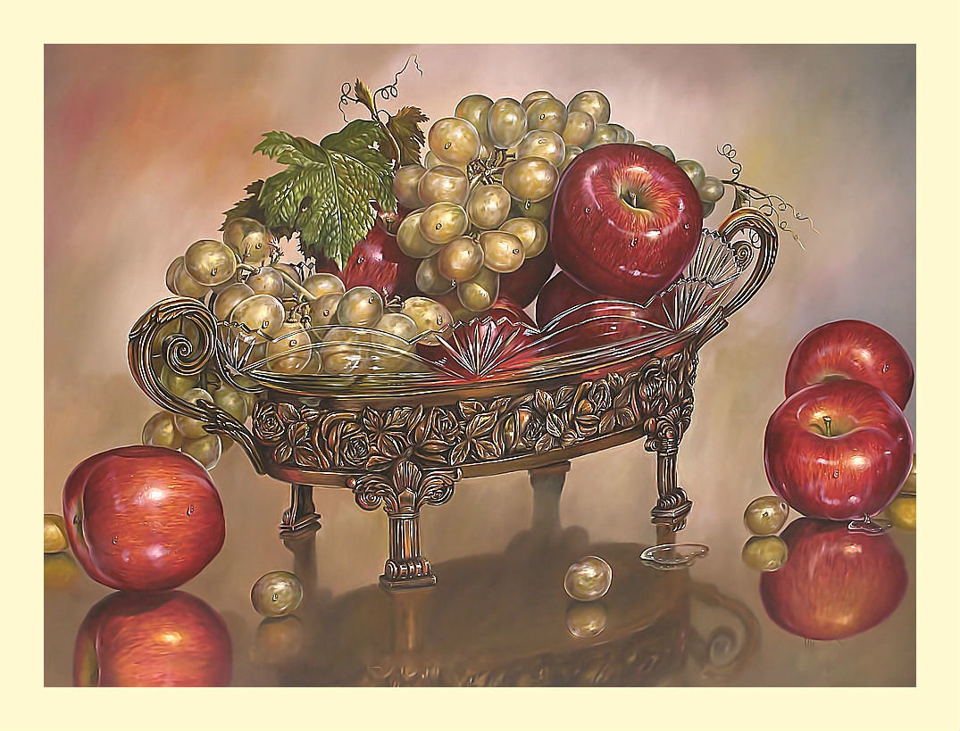 Натюрморт с виноградом и яблоками. - натюрморт, живопись, яблоки, виноград - оригинал