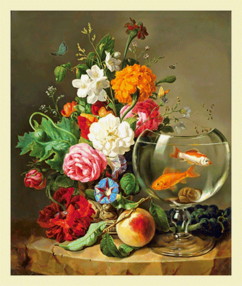 Натюрморт с рыбками. - натюрморт, фрукты, живопись, рыбки, ягоды, цветы - предпросмотр