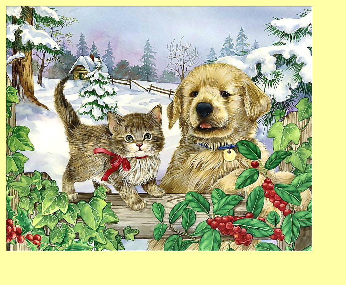 Котёнок и щенок. - снег, котенок, животные, щенок, зима - оригинал