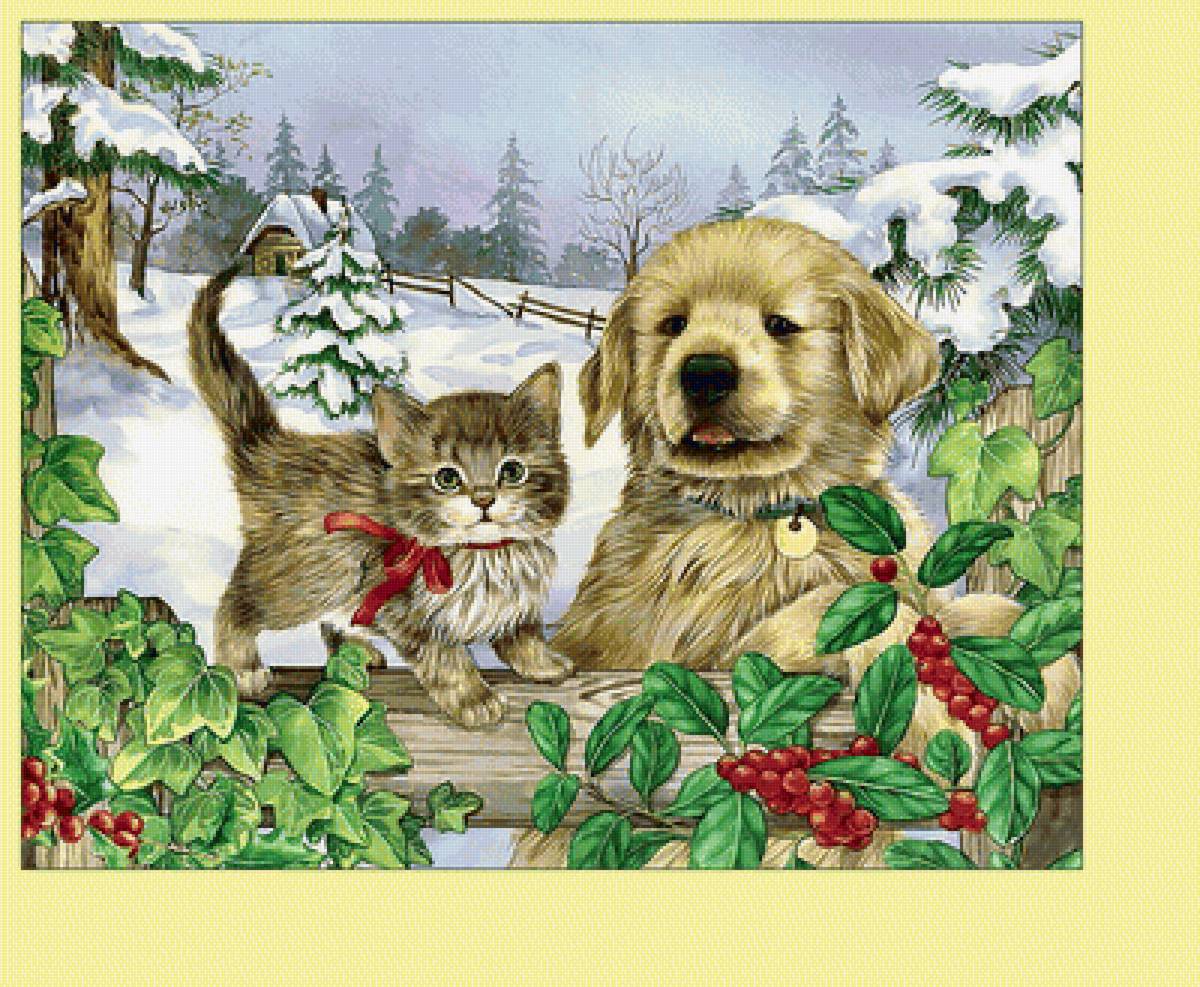 Котёнок и щенок. - щенок, снег, котенок, зима, животные - предпросмотр