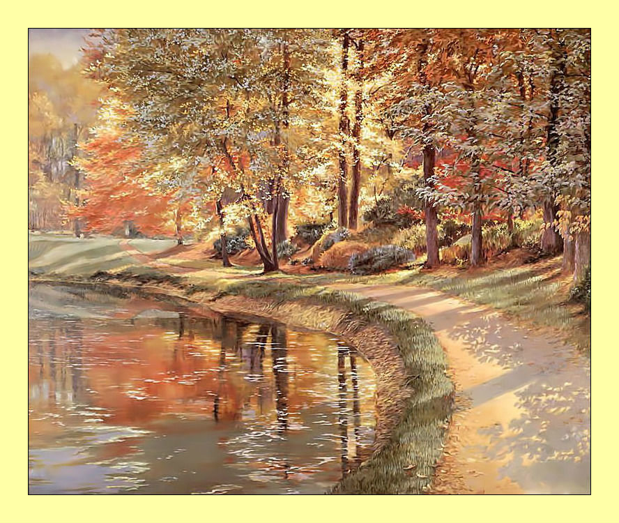 Осенний пруд в парке. - пейзаж, пруд, живопись, листопад, парк, осень - оригинал