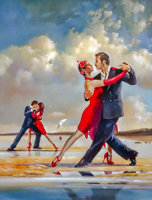 Four Dancers on the Beach. - ron di scenza painter.seascene.dance.people. - оригинал