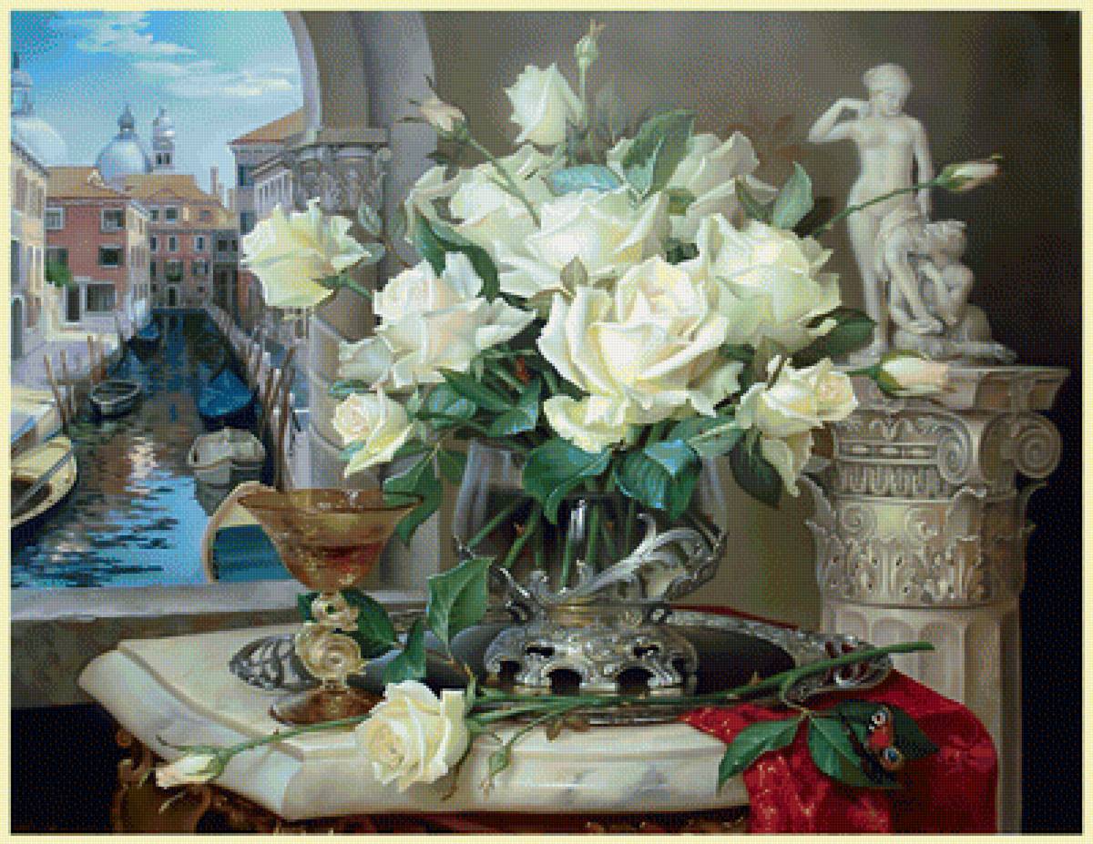 Белые розы. Венеция. - розы, живопись, букет, натюрморт, пейзаж, цветы - предпросмотр