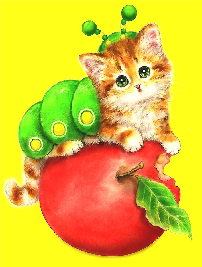 котёнок и яблоко - гусеница, котенок, яблоко - оригинал
