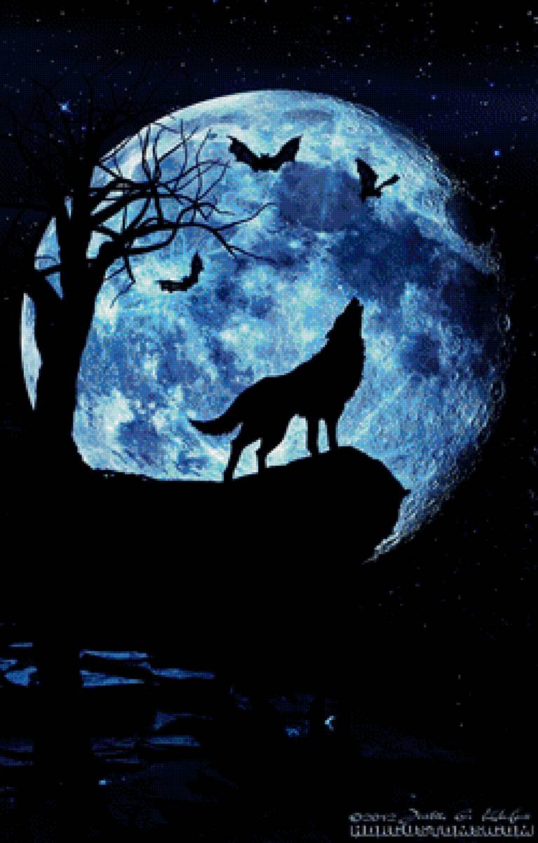 Полнолуние - летучие мыши, полнолуние, луна, волк - предпросмотр