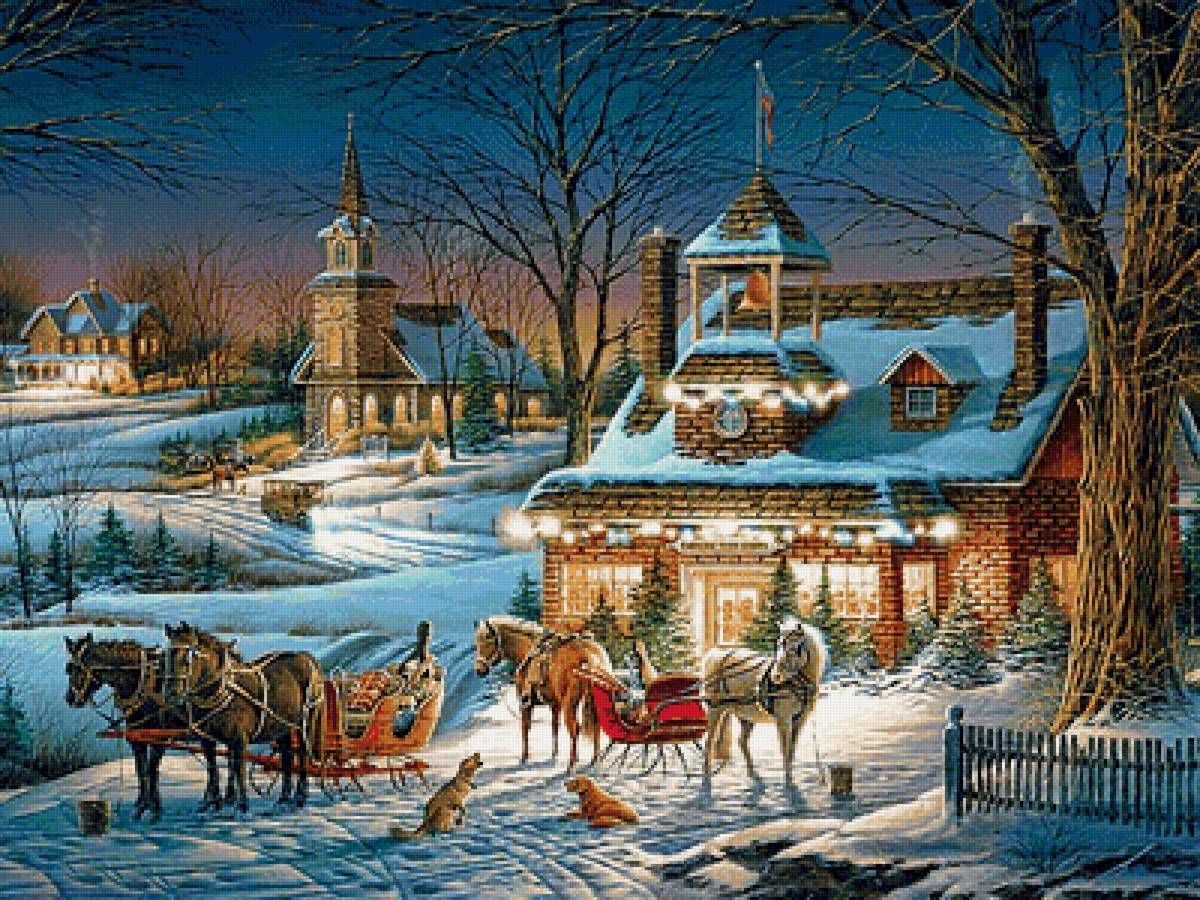 зимний вечер - зима, деревья, домик, вечер, лошадь - предпросмотр