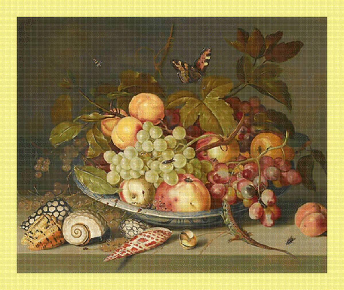 Фруктовый натюрморт. - ягоды, ящерица, ракушки, натюрморт, бабочки, живопись, фрукты - предпросмотр