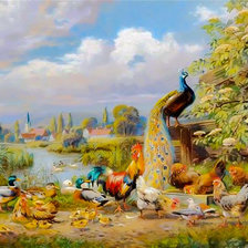 Схема вышивки «The proud peacock with poultry.»